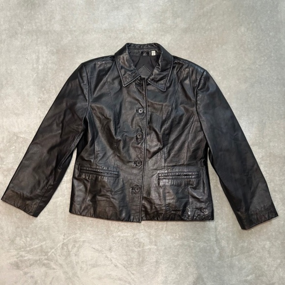 Preston York Genuine Leather Jacket Size‎ S Petite Black Button Front Moto Coat